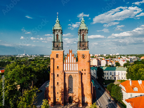 Aerial drone view of Cathedral Basilica of Saints Peter and Paul in Poznań. Ostrow Tumski