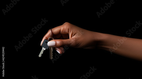 African American woman's hand with keys on a dark background. Generative Ai. 