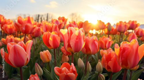 field of pink tulips at sunset. Generative Ai. 