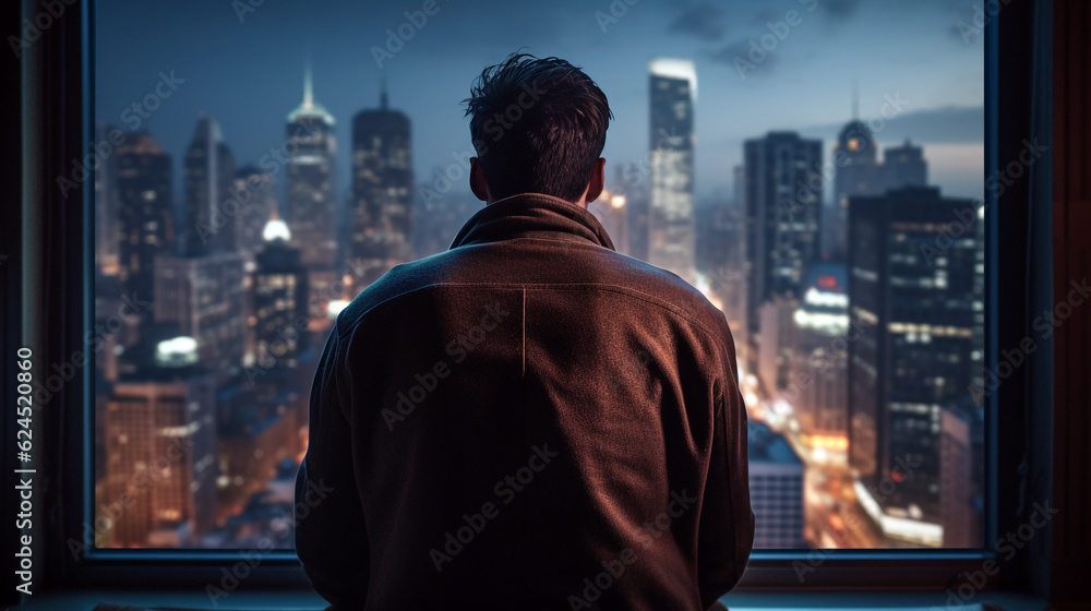 a man looks out of a skyscraper window at the city. Generative Ai. a man looks out of a skyscraper window at the city. Generative Ai.