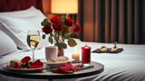 romantic dinner in a hotel room with candles and flowers. Generative Ai. 