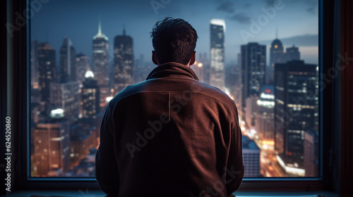 a man looks out of a skyscraper window at the city. Generative Ai. 