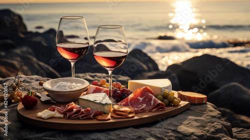 romantic dinner for two with red wine by the ocean at sunset. Generative Ai. 