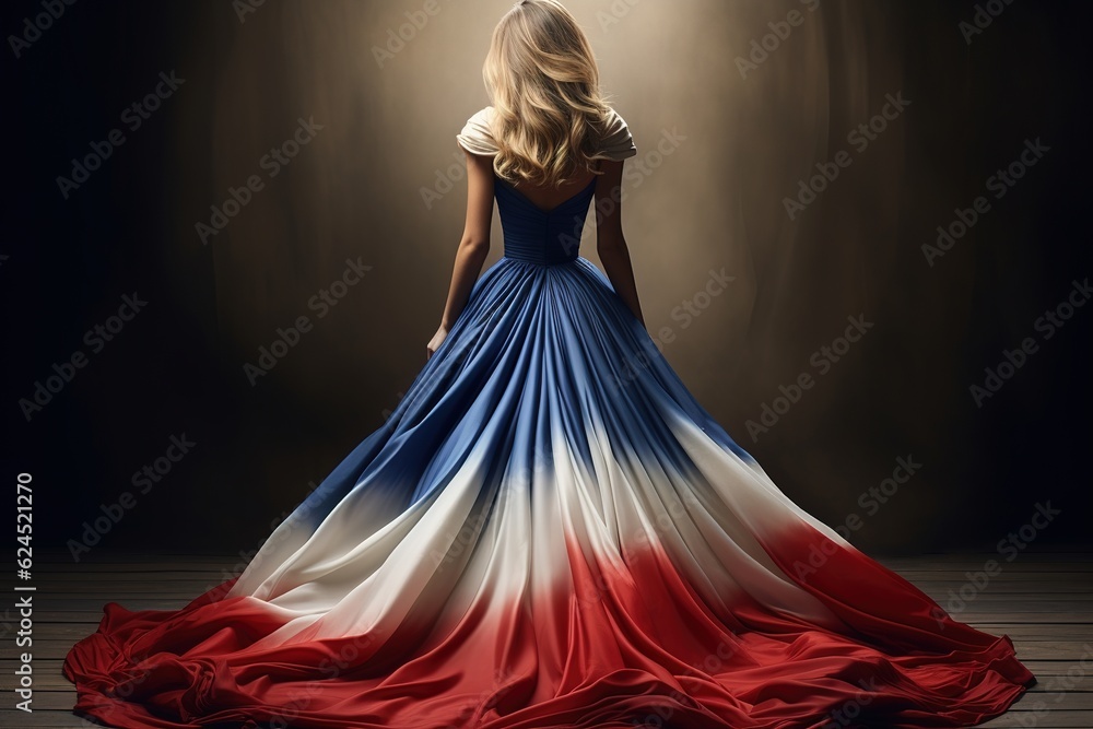 A woman wearing a dress with the French flag A woman wearing a dress with the French flag