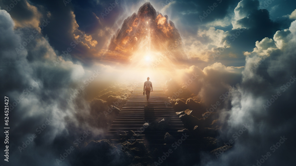 Fototapeta premium human soul man climbs the stairs to the kingdom of heaven. Generative Ai.
