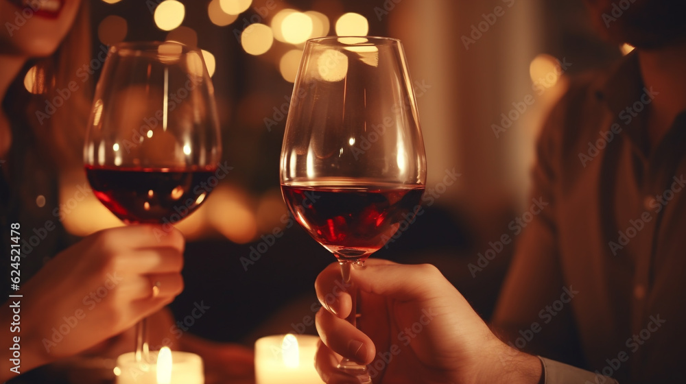 romantic party in a restaurant with glasses of red wine. Generative Ai. romantic party in a restaurant with glasses of red wine. Generative Ai.
