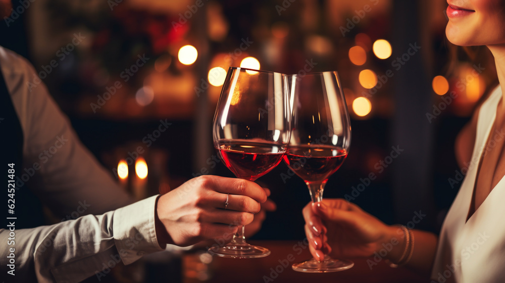 Romantic dinner. couple with glasses of red wine in their hands. Generative Ai. 