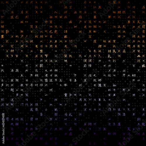 Letters Matrix Background. Random Chinese Simplified Alphabet Letters. Gradiented matrix pattern. Purple orange color theme backgrounds. Tileable horizontally. Radiant vector illustration.