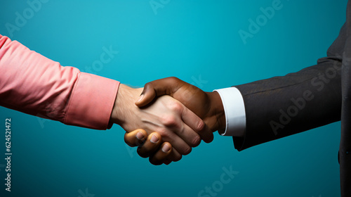detail handshake between two men afro american and white man against blue background