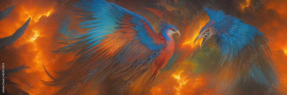 Fairy birds with fire-red feathers and wide wings, gracefully outstretched with intricate patterns against backdrop of mystical dreamlike dramatic sunset.Vibrant plumage, fantasy, magic. Generative AI
