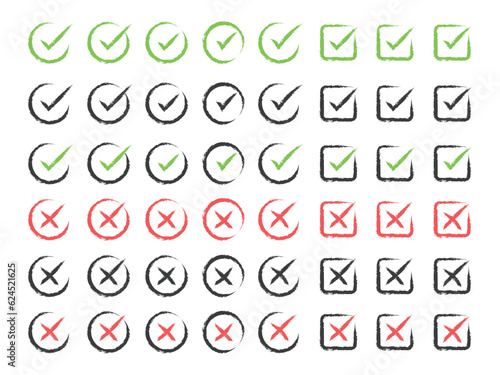 Hand drawing check marks icon set. Confirmed and rejected sign in grunge style vector icon set. Approved-Disapproved, Accepted-Rejected, Right-Wrong sign.