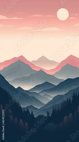 Mountain Landscape with Pink Sky at Dusk AI Generated © Alex