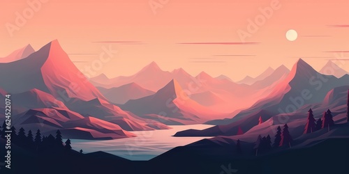Mountain Landscape with Pink Sky at Dusk AI Generated