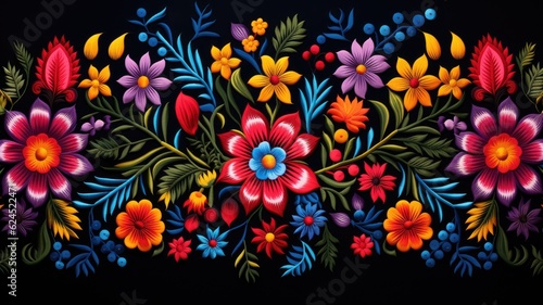 Mexican embroidery, flowers, floral ethnic pattern. Web banner with copy space. Generative AI