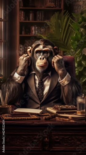 Chimpanzee in Business Suit in Jungle-Themed Office AI Generated