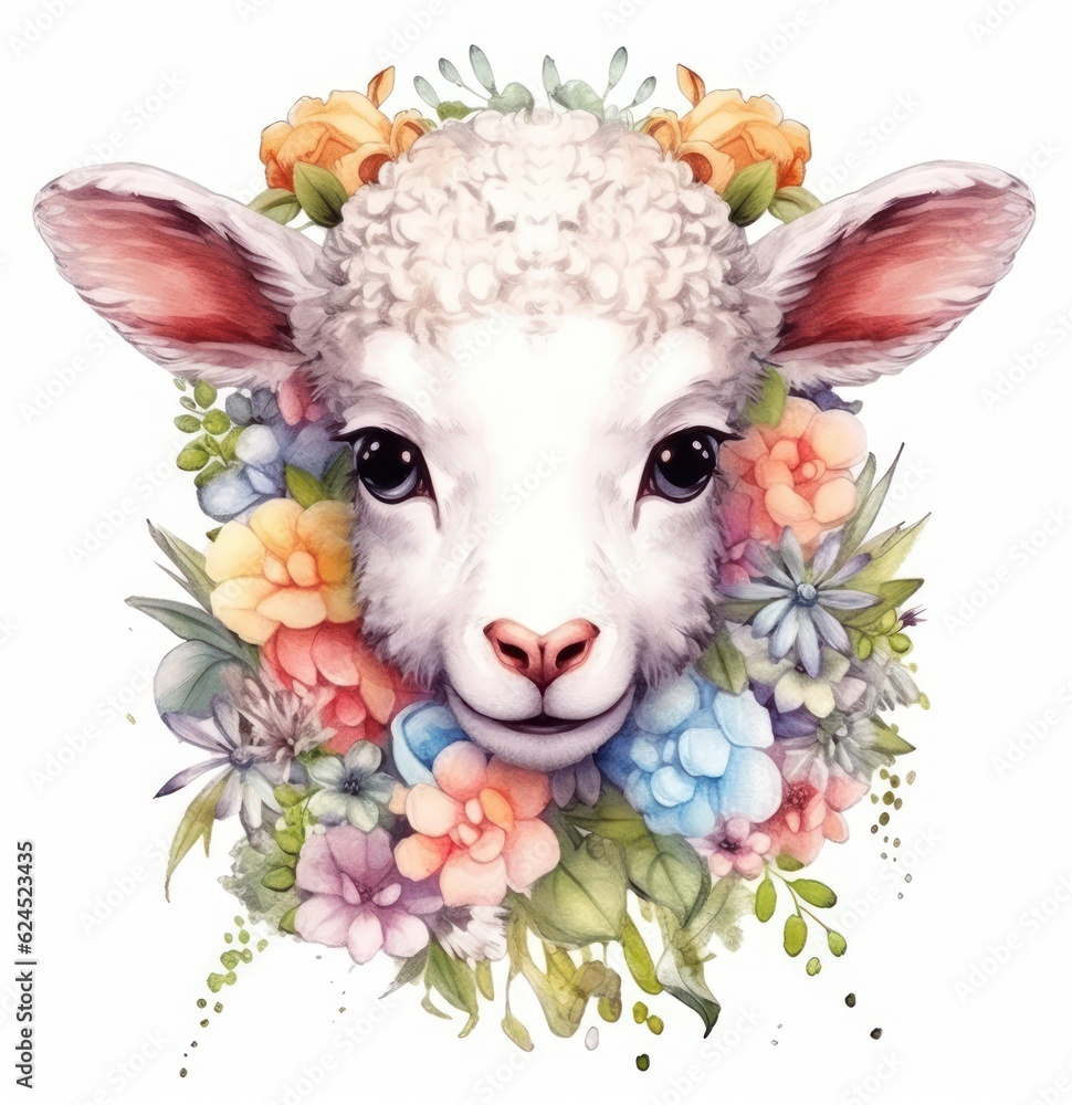 Delicate Watercolor Lamb Face on Flower Wreath AI Generated