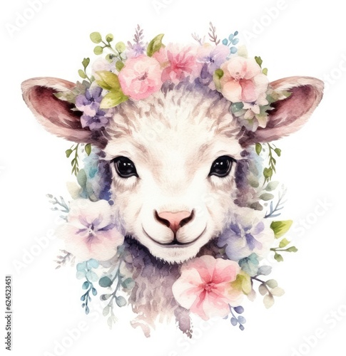 Delicate Watercolor Lamb Face on Flower Wreath AI Generated