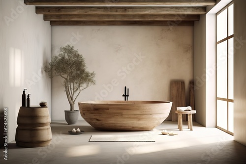 Minimalist Farmhouse Interior with Freestanding Tub  Wooden Washbasin  and Bleached Tones AI Generated