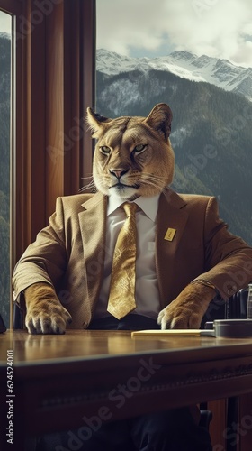 Puma in a Business Suit with Golden Accents in a Mountain-Themed Office AI Generated