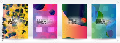Set of Abstract Cover with Gradient Mesh Holographic Circles. Hipster Graphic Template Design with Lines, Dots, Round Shapes. Innovation Style for your Business Cover.