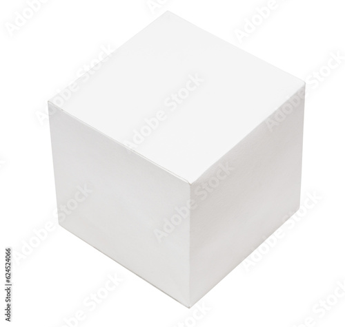 above view of hand-crafted from paper cube three-dimensional geometric shape isolated on white background