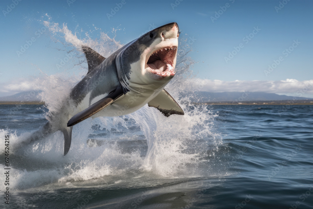 Fototapeta premium A shark jumps out of the water, its powerful jaws ready to attack. This image in blue tones captures the danger and excitement of underwater life. AI Generative.