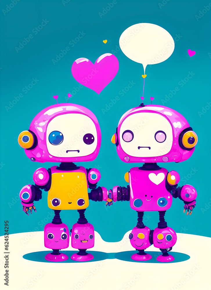 Naklejka premium Little robot boy and girl.love between androids