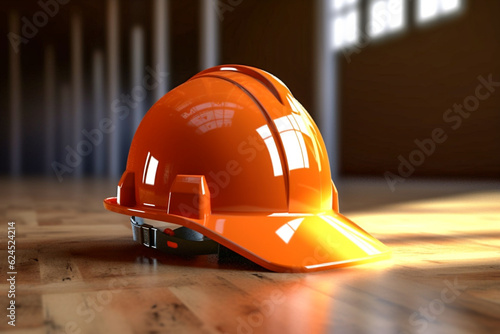 yellow hard hat on a wooden background