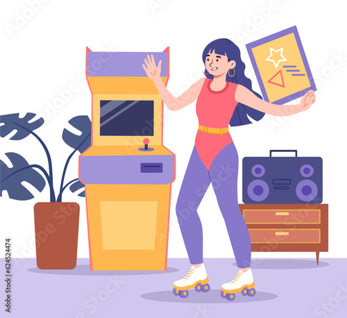 Girl style in 90s concept. Woman at roller skates near playing machine. Back to 80s and hippie era. Retro clothing and fashion. Person in trendy outfit. Cartoon flat vector illustration