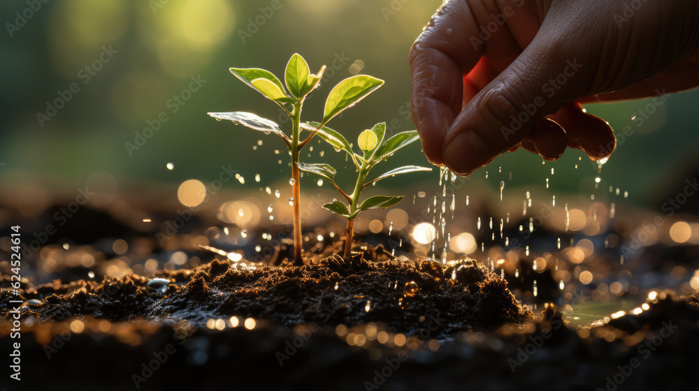 Fototapeta premium Nurturing Nature. Watering a tree seed under the warm sunlight. Growth and care for nature concept. AI Generative