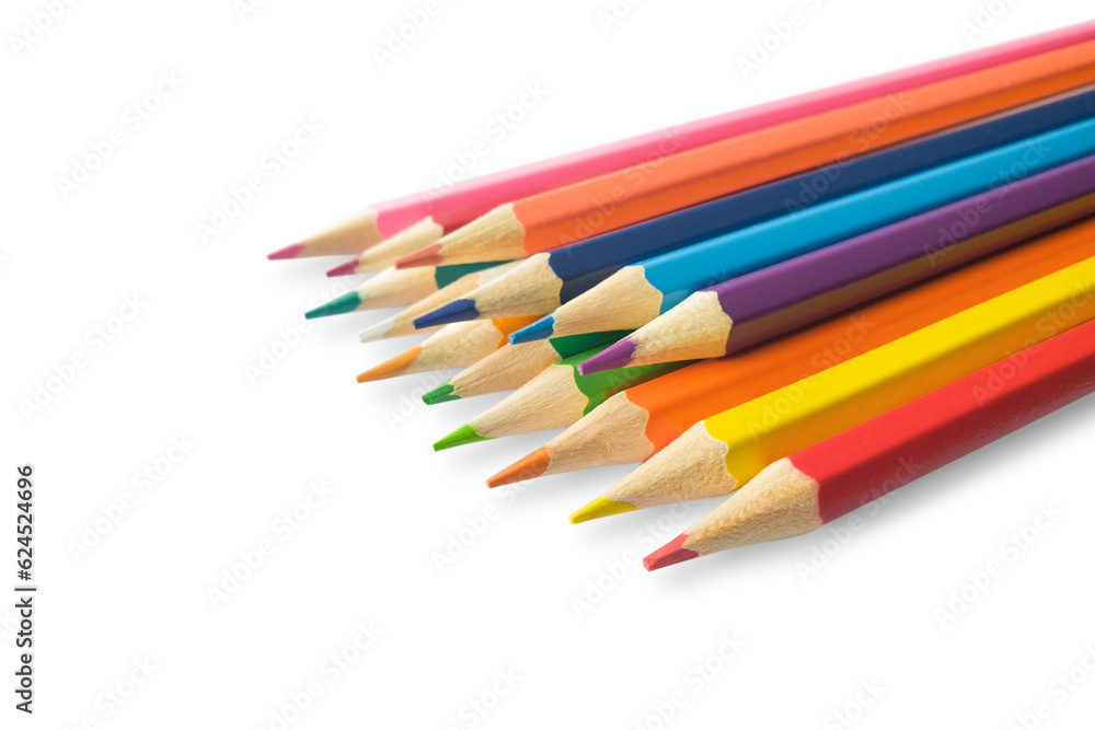 Stack of colored pencils isolated on white background. Children's creativity, drawing concept. Design element