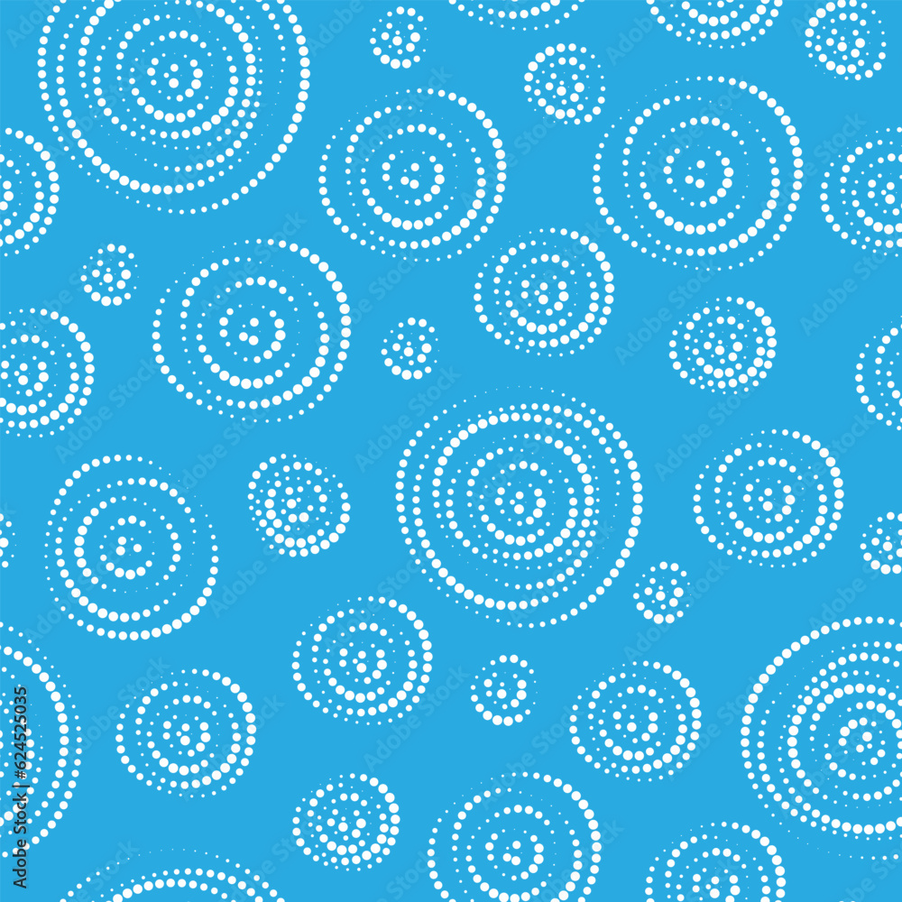 Endless pattern white dotted rings on blue background. Abstract Geometric ornament from circles of different sizes