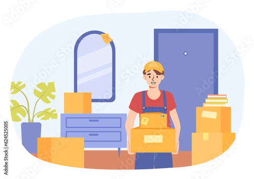 Moving with loaders concept. Man in uniform with boxes in apartment. Relocation and immigration. Loader with items help owners to drive in another home. Cartoon flat vector illustration