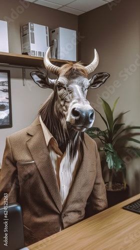 Wildebeest in a Business Suit in a Savannah-Themed Office AI Generated