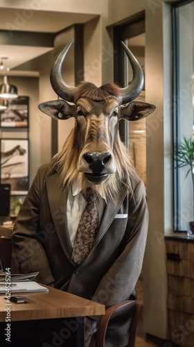Wildebeest in a Business Suit in a Savannah-Themed Office AI Generated