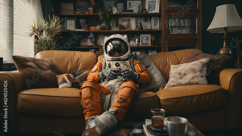 astronaut sitting on the couch, extremely wide shot 