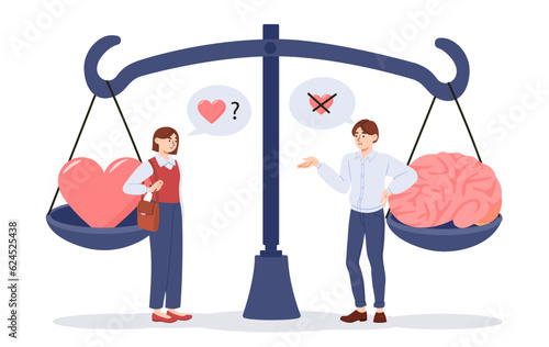 Brain vs emotions concept. Man with brain and woman with heart communicate. Logical thinking versus mood and feelings. Young couple at background of scales. Cartoon flat vector illustration