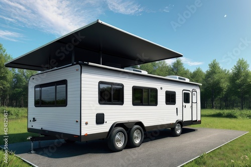 Solar panels on roof of a travel trailer. Eco-friendly mobile home. Green renewable energy. Camper van with solar panels on roof in summer mountains landscape. National tourist route. Generative AI.