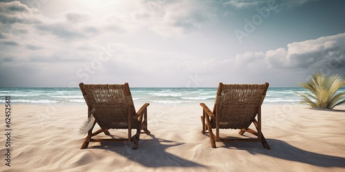 lounge chairs on the beach, Lounge Chairs, Thatched Umbrella, and White Sailing Ship Create an Enchanting Scene in Bombacore and Yankeecore Styles photo