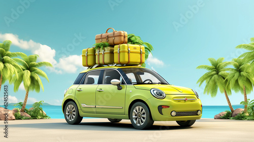 Green car with luggage ready for summer vacation 3D Rendering © Milan