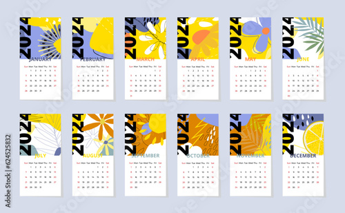 Colorful calendar 2024. Vector layout of a modern calendar with week start sunday.
