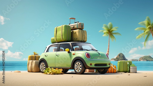 Green car with luggage ready for summer vacation 3D Rendering