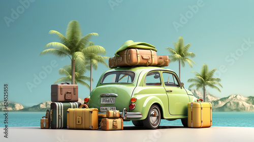 Green car with luggage ready for summer vacation 3D Rendering