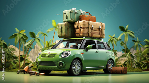 Green car with luggage ready for summer vacation 3D Rendering