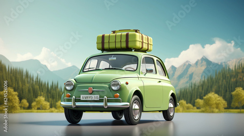 Green car with luggage ready for summer vacation 3D Rendering
