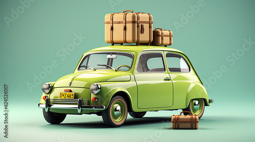 Green car with luggage ready for summer vacation 3D Rendering