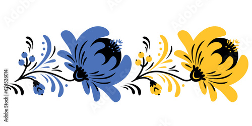 Ukraine ornament style of Petrykivka painting. Traditional paint folk flowers wreath for card, header, invitation, poster, social media, post publication. Ukrainian national embroidery.