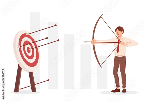 Archer shoots at target concept. Man with bow near bullseye. Vision for future and planning. Manager with statistics and infographics. Accuracy sports training. Cartoon flat vector illustration