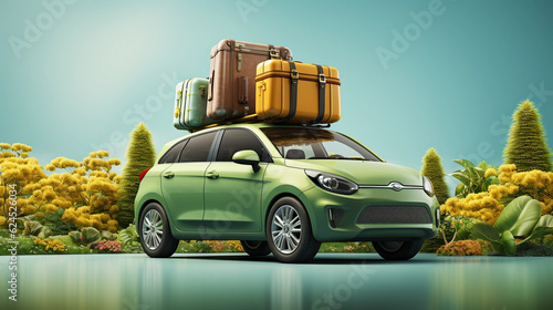 Green car with luggage ready for summer vacation 3D Rendering