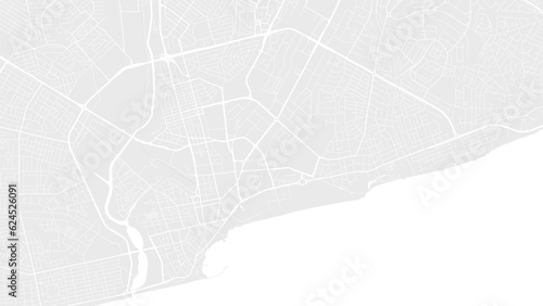 Background Accra map, Ghana, white and light grey city poster. Vector map with roads and water. Widescreen proportion, flat design roadmap.